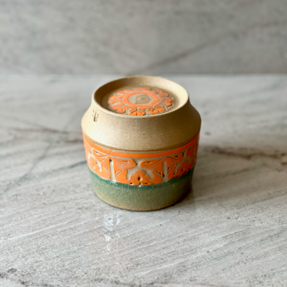 Medium Sand Colored Clay Cup, Orange Slip and Blue Glaze