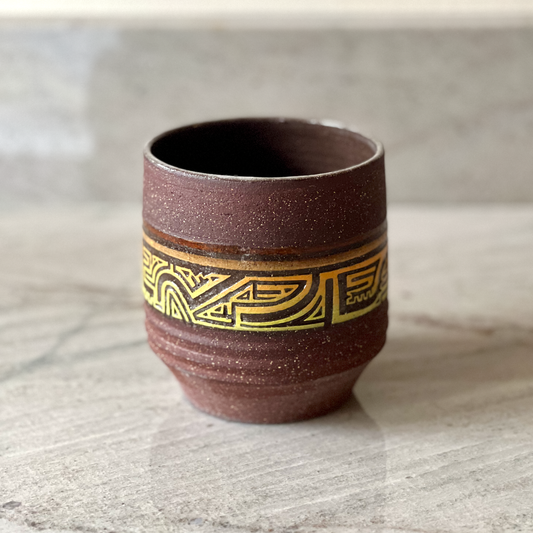 Large Maroon Colored Clay Cup, Colored Slip Geometric Carving