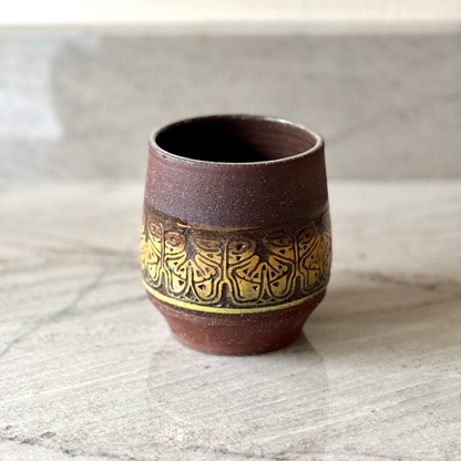 Large Maroon Colored Clay Cup, Colored Slip Detail