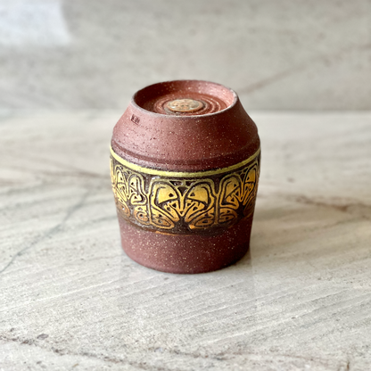 Large Maroon Colored Clay Cup, Colored Slip Detail