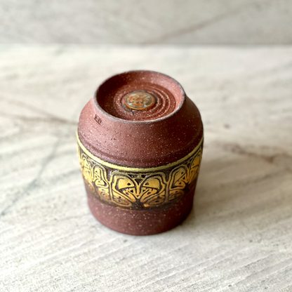 Large Maroon Colored Clay Cup, Colored Slip Detail