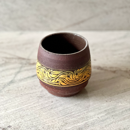 Medium Maroon Colored Clay Cup, Floral Slip Carving