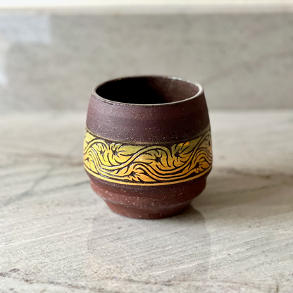 Medium Maroon Colored Clay Cup, Floral Slip Carving