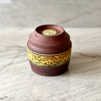 Medium Maroon Colored Clay Cup, Floral Slip Carving