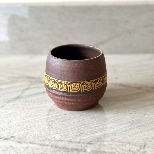 Medium Maroon Colored Clay Cup, Simple Orange Slip Carving