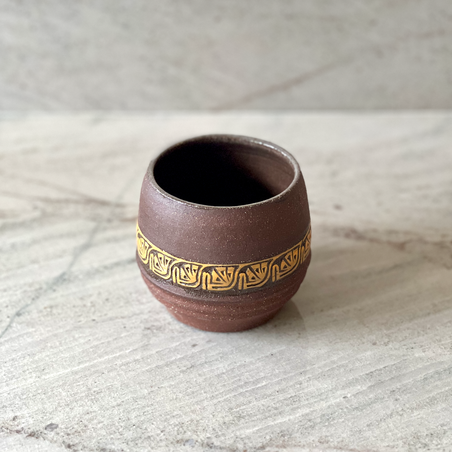 Medium Maroon Colored Clay Cup, Simple Orange Slip Carving
