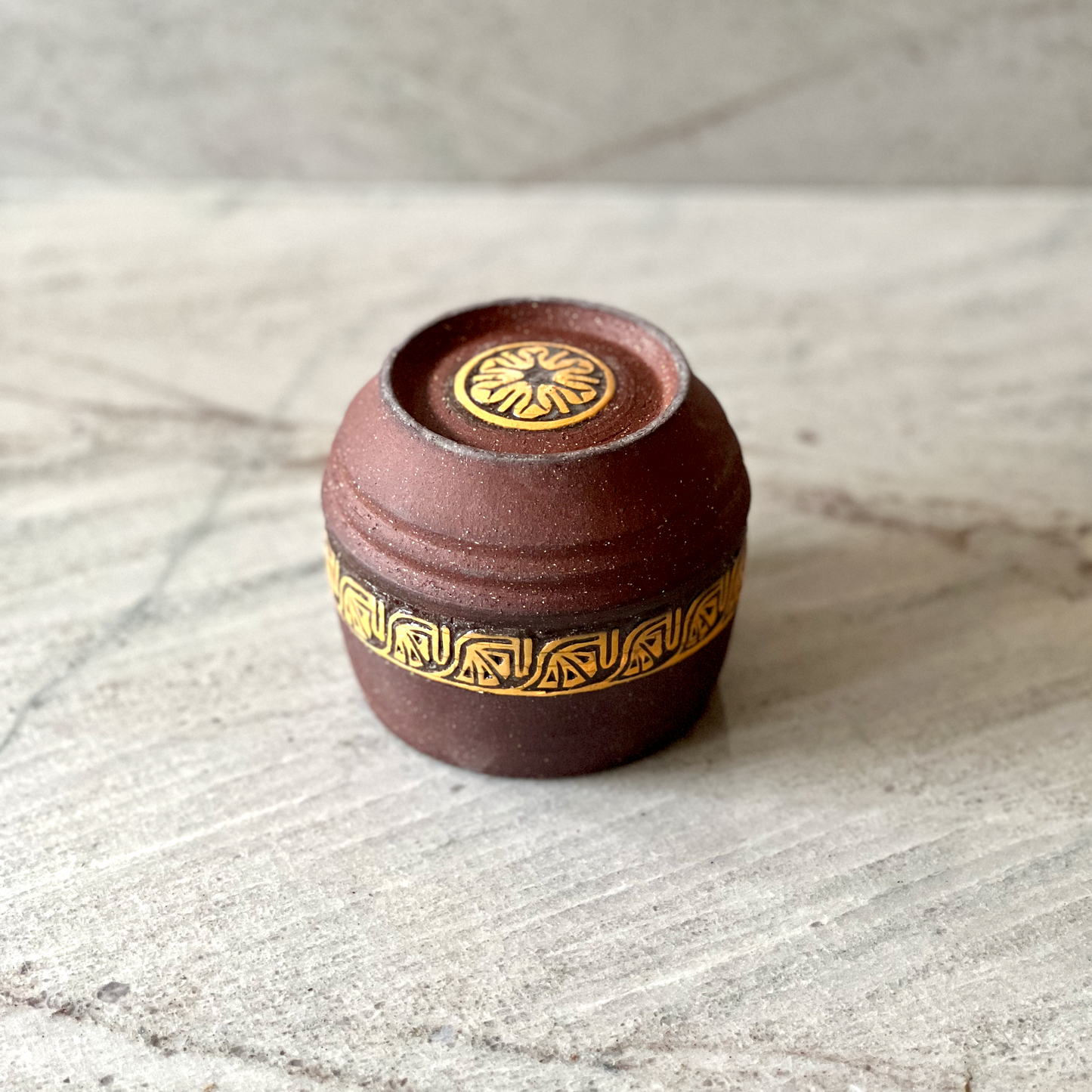 Medium Maroon Colored Clay Cup, Simple Orange Slip Carving