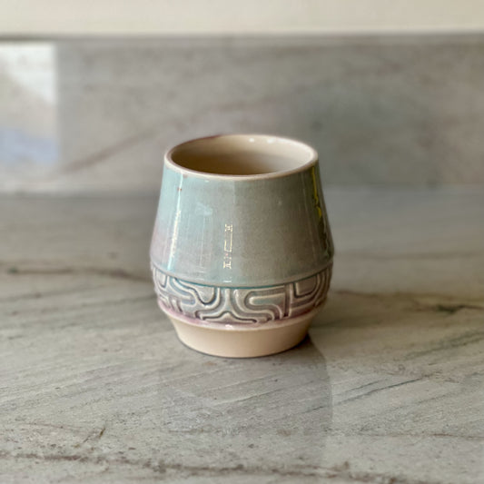 Small Cup With Band of Curved Grooves, Translucent Blue Glaze
