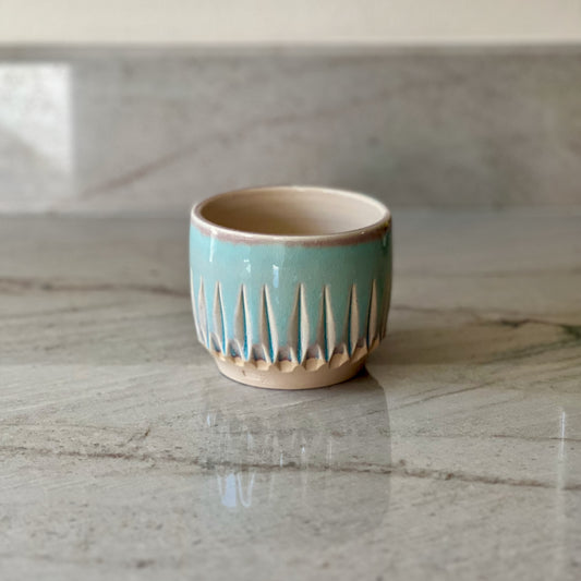 Small White Clay Cup, Fluted Pattern, Translucent Blue Glaze