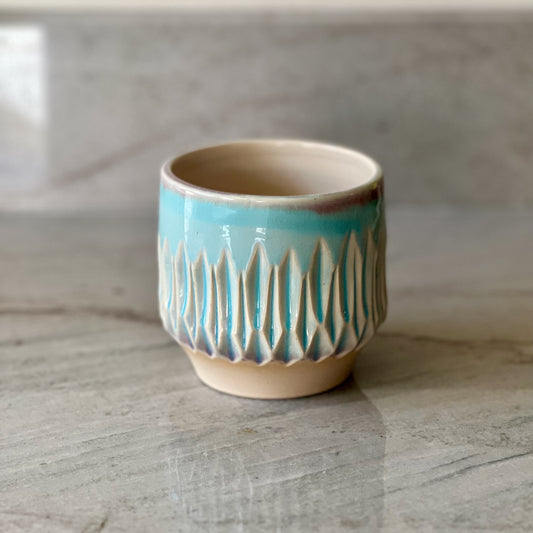 Small White Clay Cup, Fluted Pattern, Translucent Blue Glaze