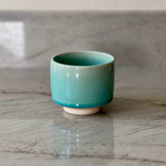 Small Plain White Clay Cup, Translucent Blue Glaze