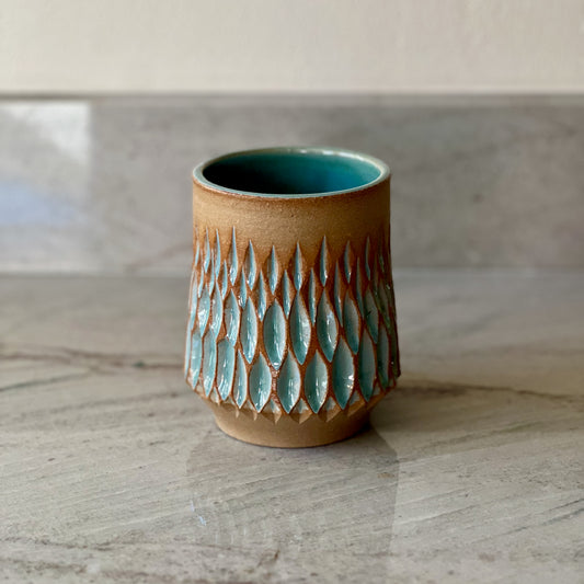 Large Sandy Clay Cup, Diamond Carved Pattern, Blue Green Glaze