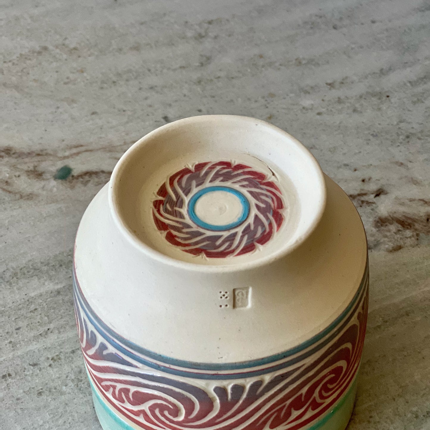 White Clay Cup, Red and Blue Detail