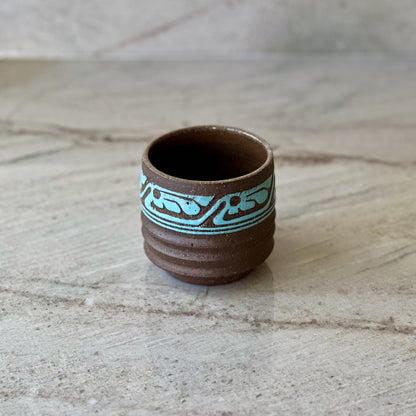 Charcoal Clay Tumbler, Blue Slip Feather Detail