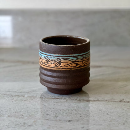 Charcoal Clay Cup, Blue and Orange Detail