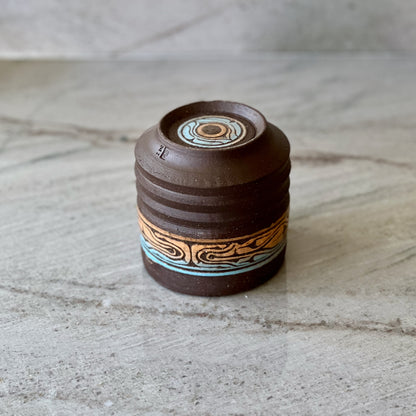 Charcoal Clay Cup, Blue and Orange Detail