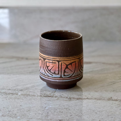 Charcoal Clay Cup, Orange, Red, and Blue Detail