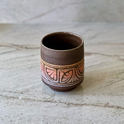 Charcoal Clay Cup, Orange, Red, and Blue Detail
