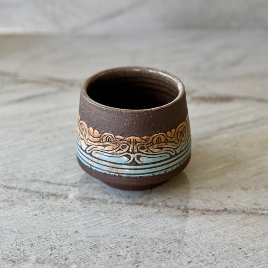 Charcoal Clay Cup, Frog Detail