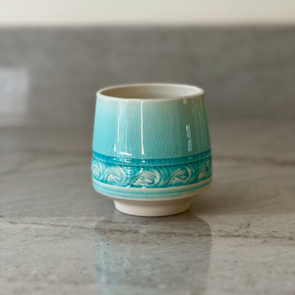 Porcelain Cup with Relief Carving, Translucent Blue Glaze