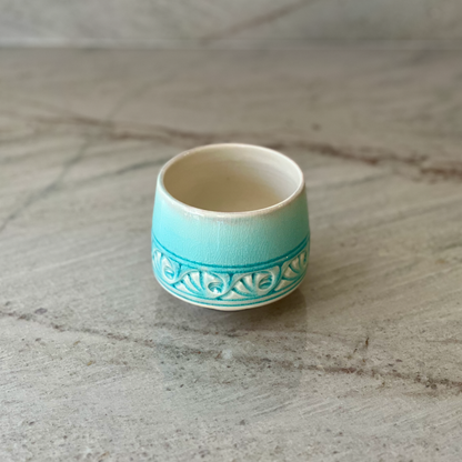 Porcelain Cup with Relief Carving, Translucent Blue Glaze