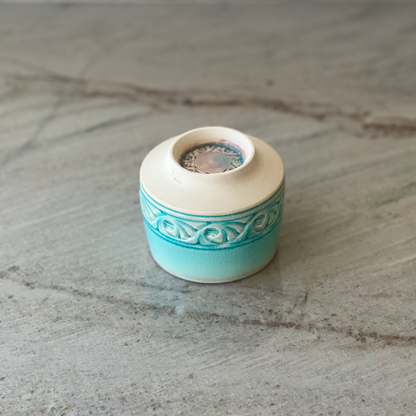 Porcelain Cup with Relief Carving, Translucent Blue Glaze