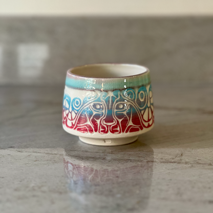 Porcelain Cup with Colored Slip Carving, Translucent Blue and Clear Glaze