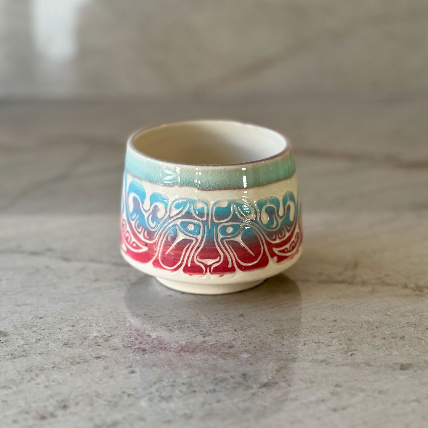 Porcelain Cup with Colored Slip Carving, Translucent Blue and Clear Glaze