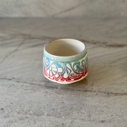 Porcelain Cup with Colored Slip Carving, Translucent Blue and Clear Glaze