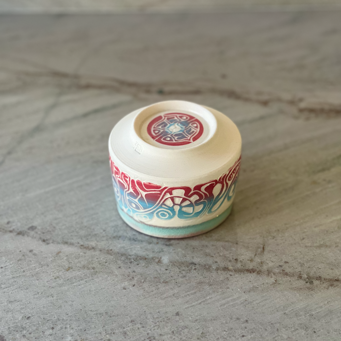 Porcelain Cup with Colored Slip Carving, Translucent Blue and Clear Glaze