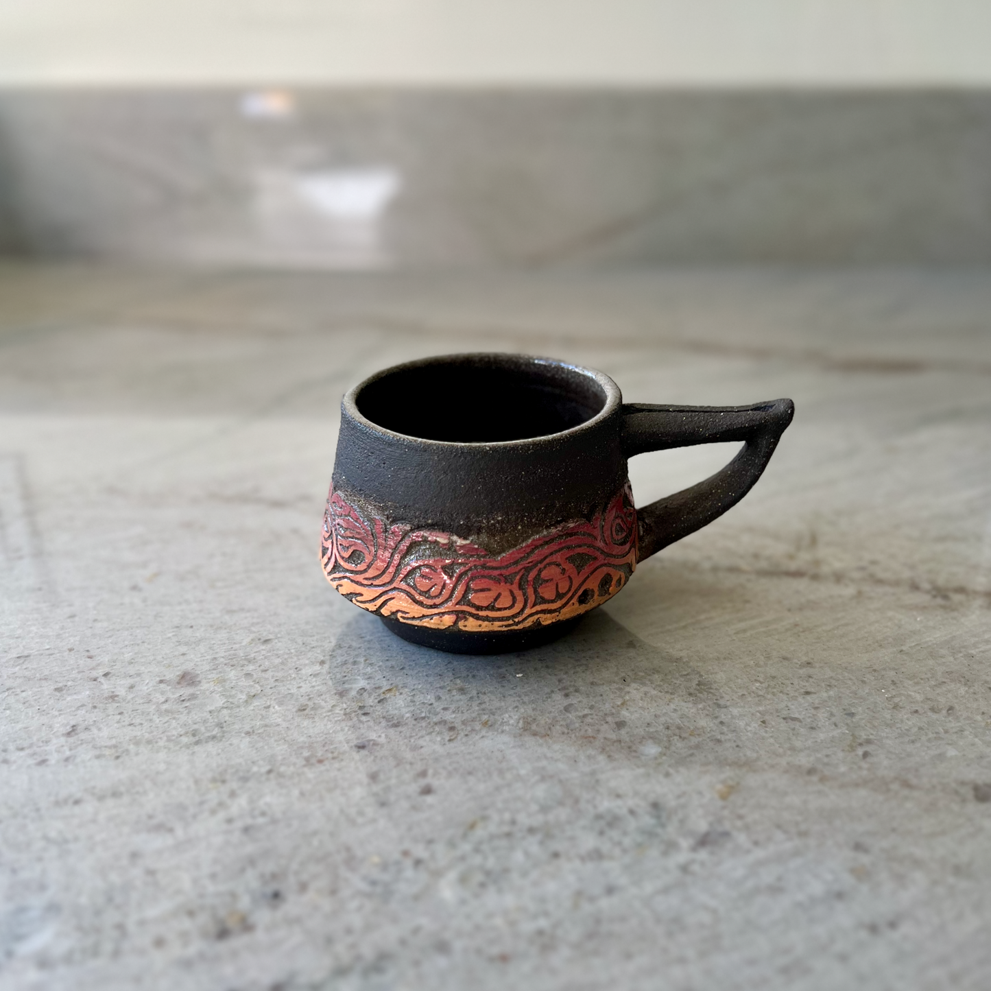 Charcoal Cup with Handle and Red Orange Carving