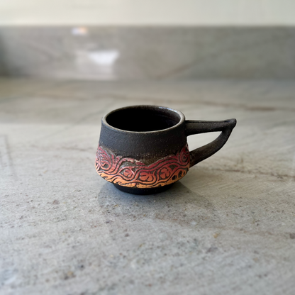 Charcoal Cup with Handle and Red Orange Carving