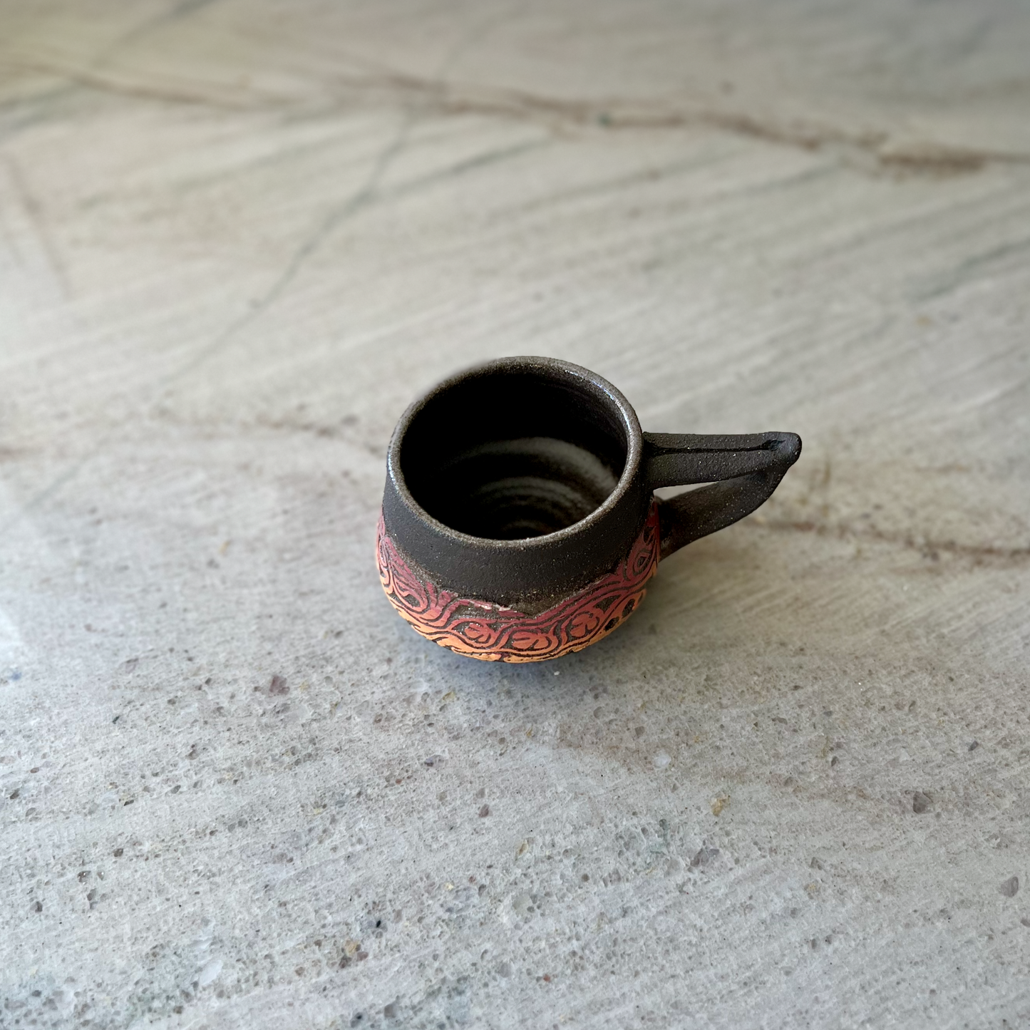 Charcoal Cup with Handle and Red Orange Carving