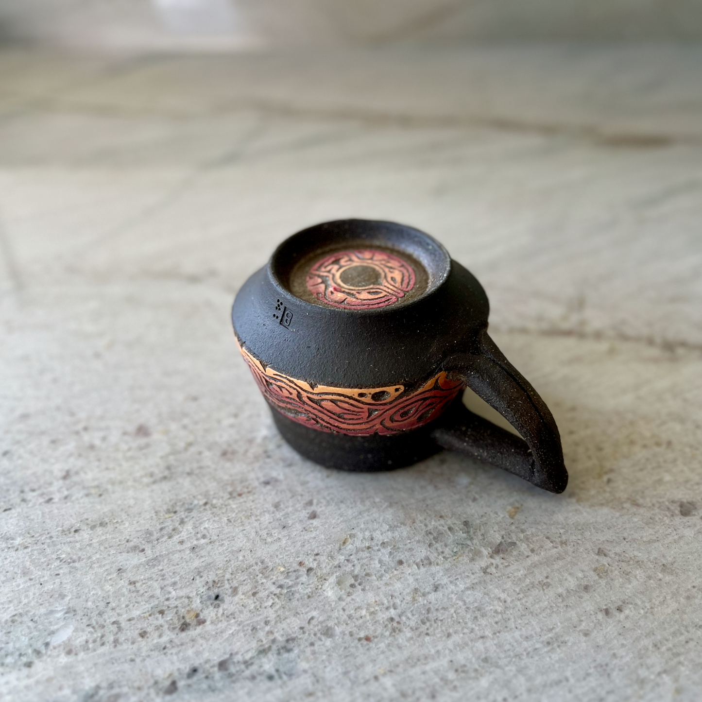 Charcoal Cup with Handle and Red Orange Carving