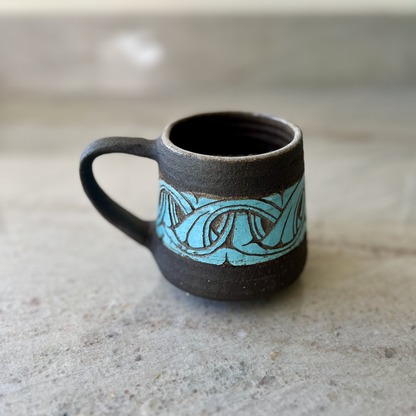 Charcoal Cup with Handle and Blue Carving