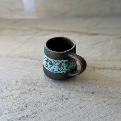 Charcoal Cup with Handle and Blue Carving