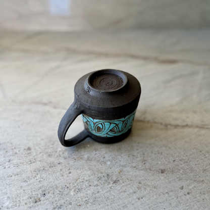 Charcoal Cup with Handle and Blue Carving