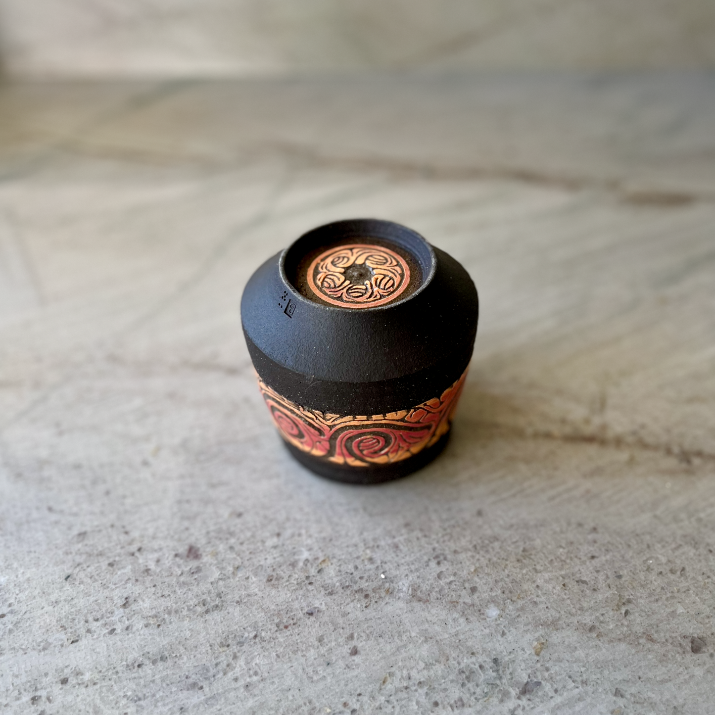 Charcoal Cup with Orange and Red Carving
