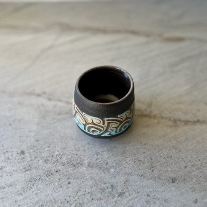 Charcoal Cup with Blue and Orange Carving