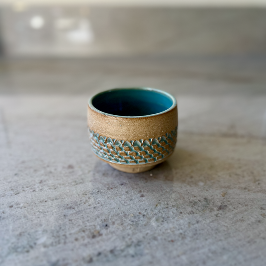 Sandy Clay Cup with Blue Green Glaze Scales