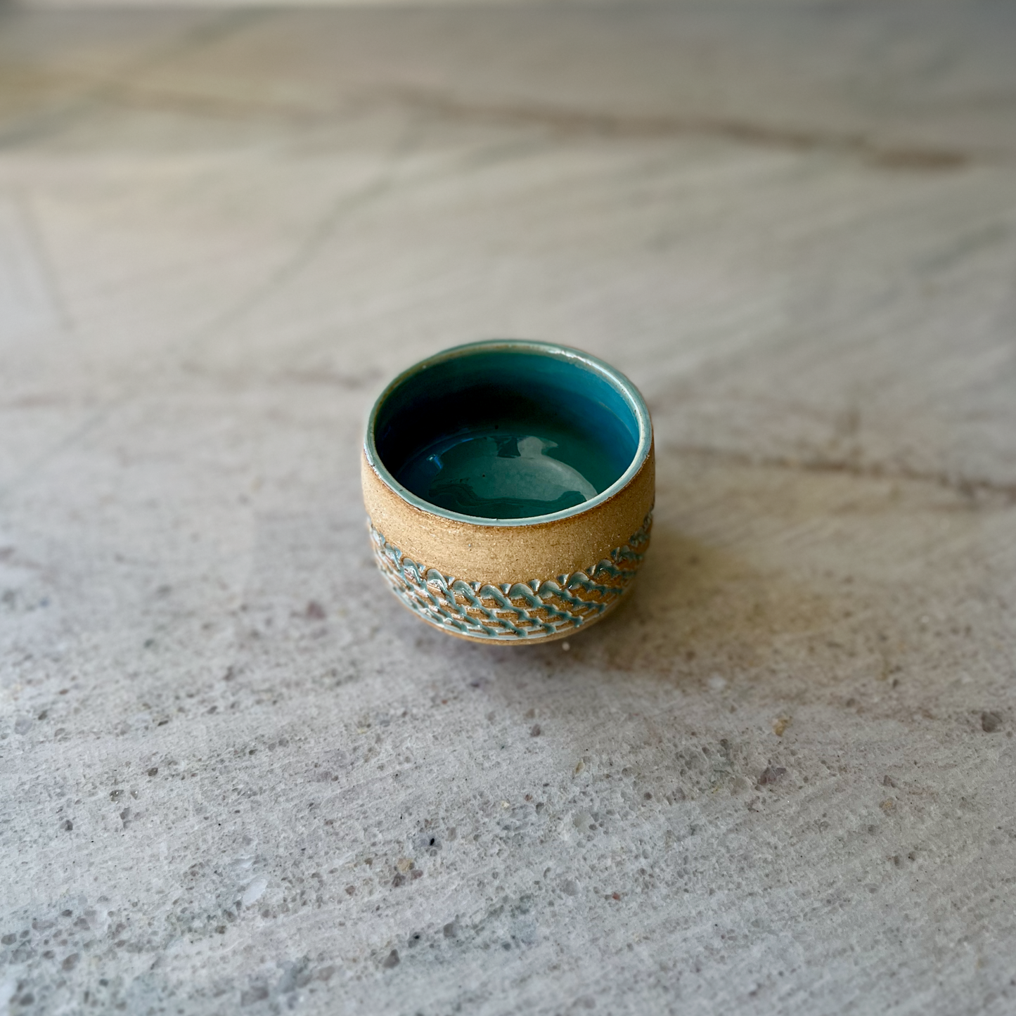 Sandy Clay Cup with Blue Green Glaze Scales
