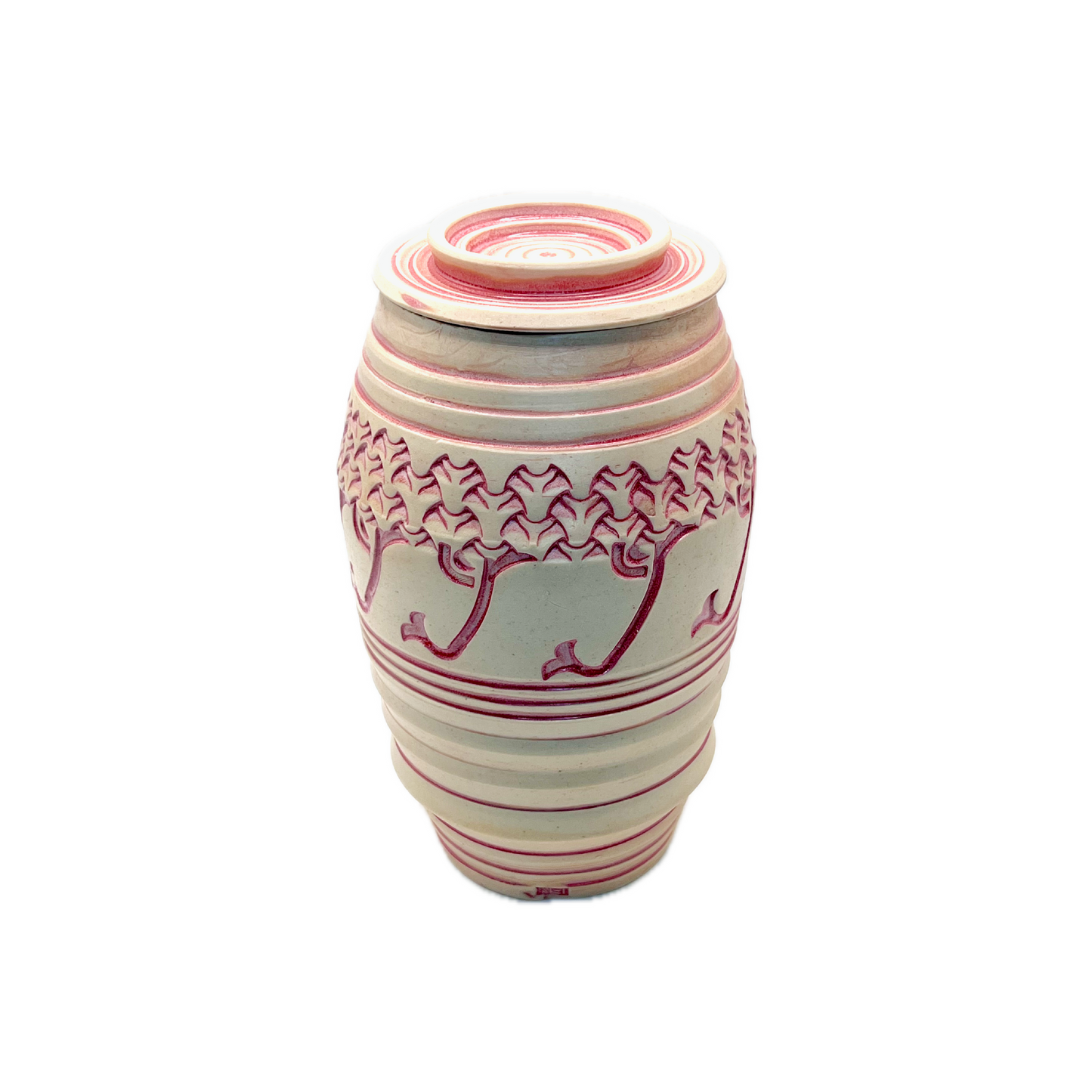 Hand Carved and Stamped Jar, Coral Glaze and Bare Clay Finish