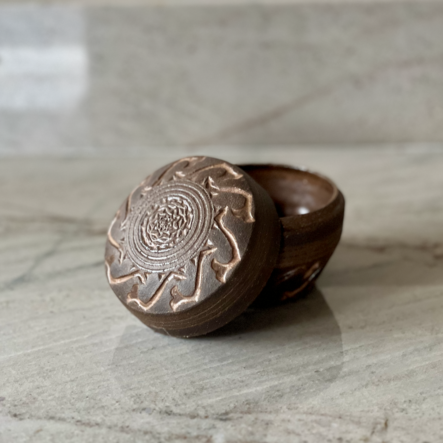 Hand Carved Black Jar, Brown Smoke Glaze and Bare Clay Finish