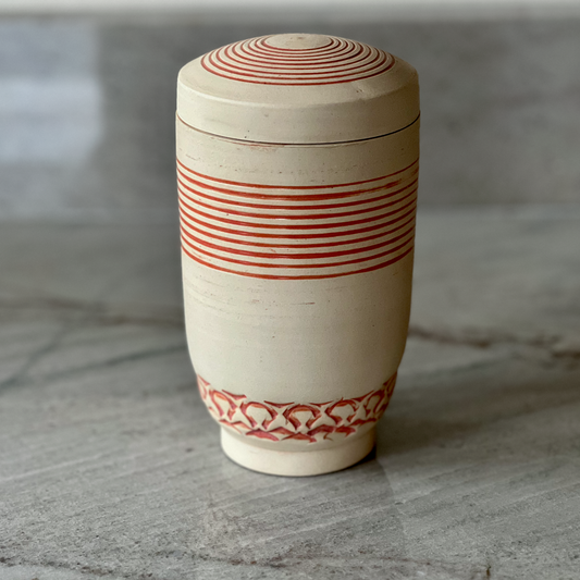 Tall Striped Jar, Coral Glaze and Bare Clay Finish