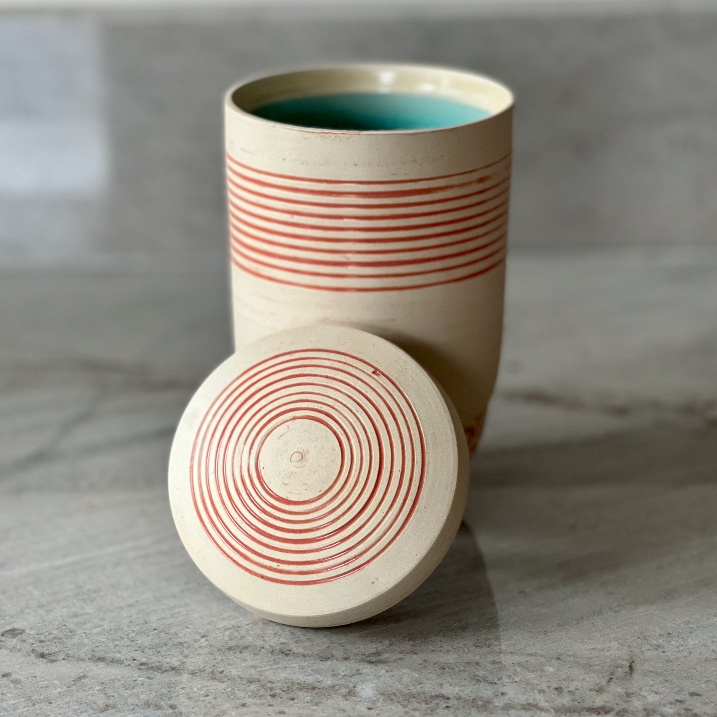 Tall Striped Jar, Coral Glaze and Bare Clay Finish
