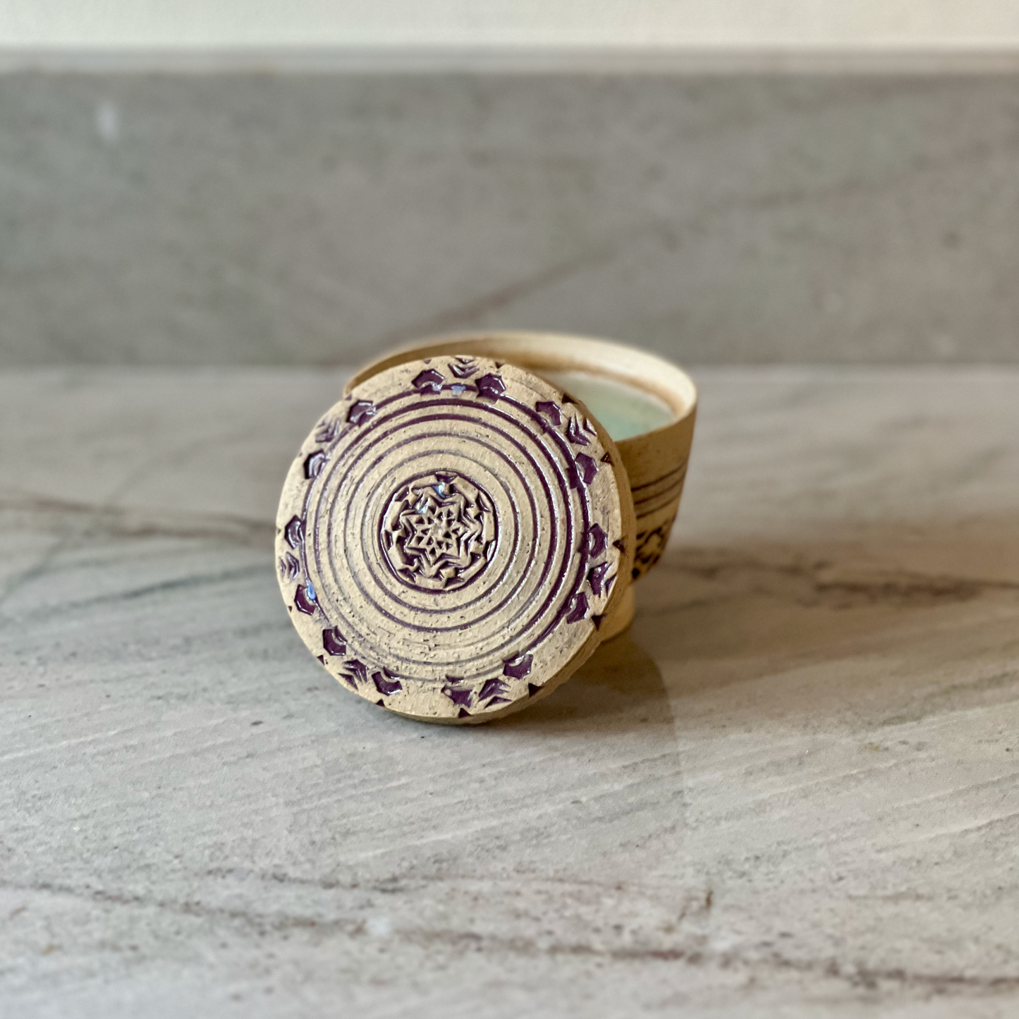 Small Hand Carved Jar, Purple Glaze and Bare Clay
