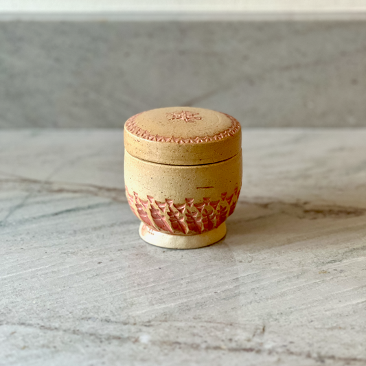 Small Hand Carved Jar, Coral Glaze and Bare Clay