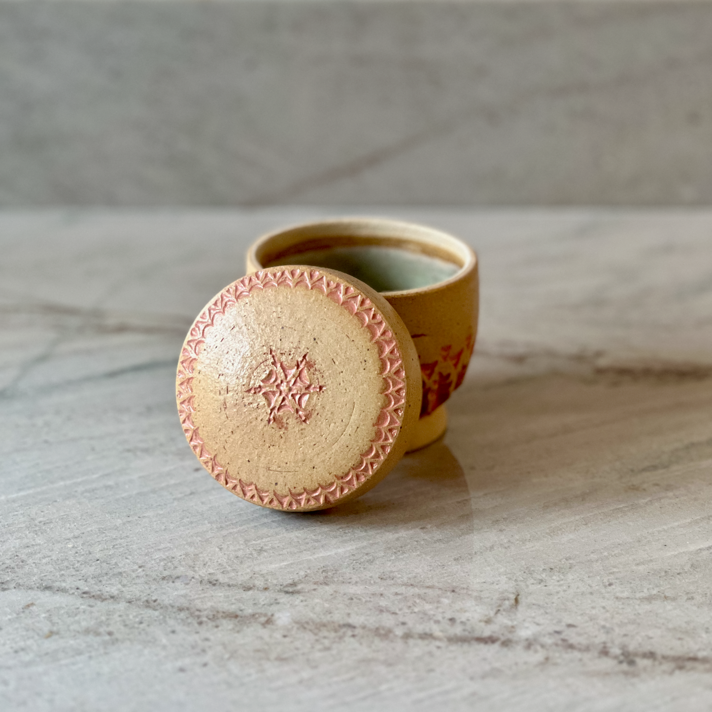 Small Hand Carved Jar, Coral Glaze and Bare Clay