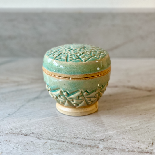 Medium Jar With Angular Fractal Carving, Blue Glaze