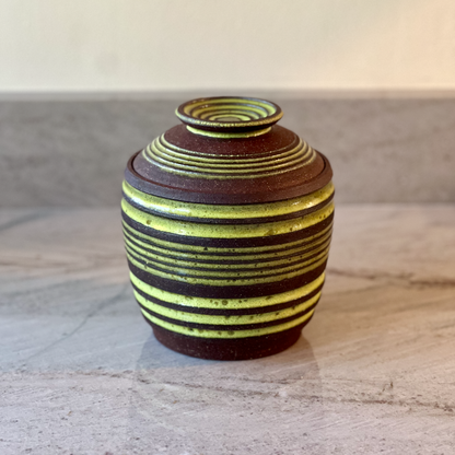 Large Dark Red Clay Jar, Striped Opal Green Glaze